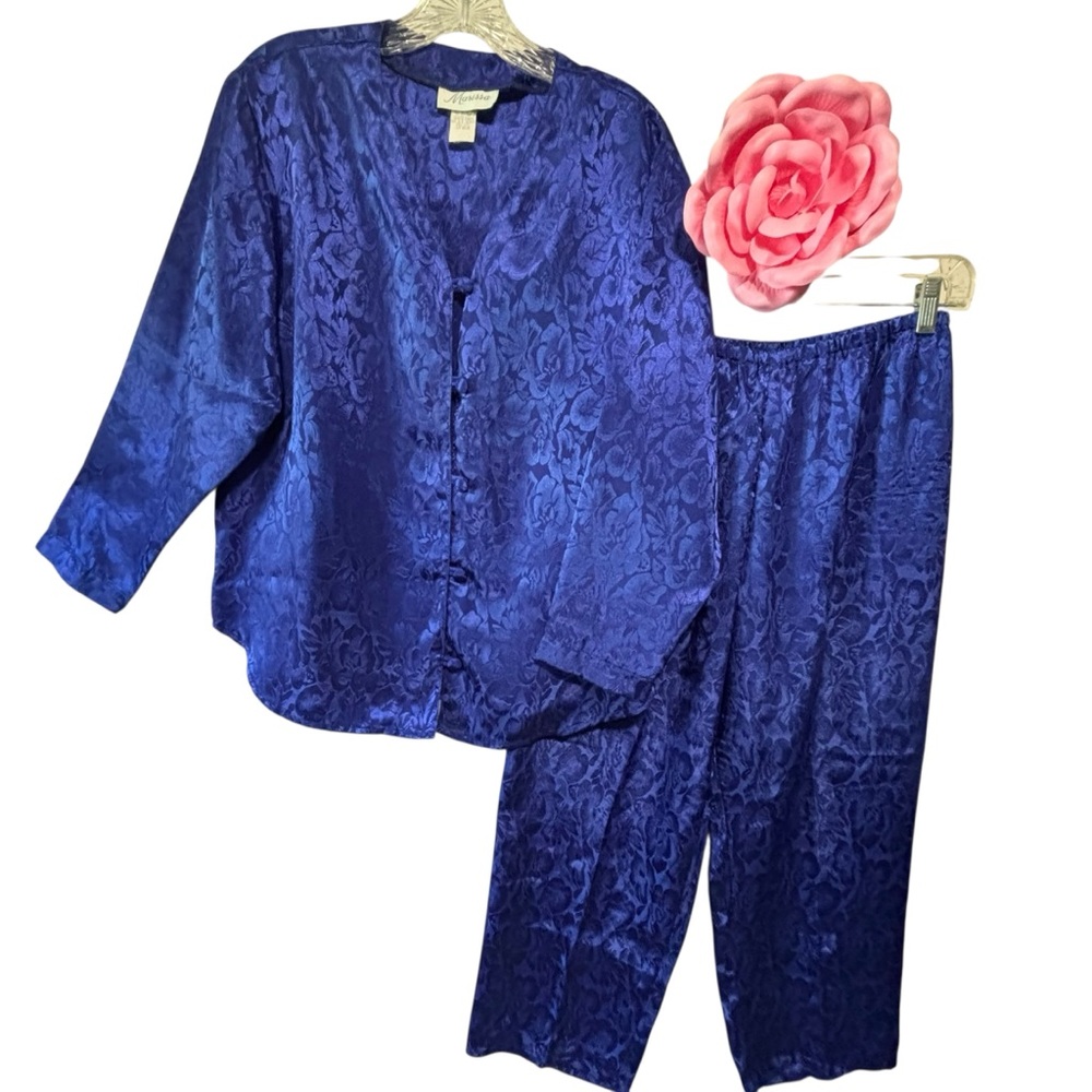 Marissa Silky Jacquard Floral Print Royal Blue Button Top Pull on Pants PJ’S Med